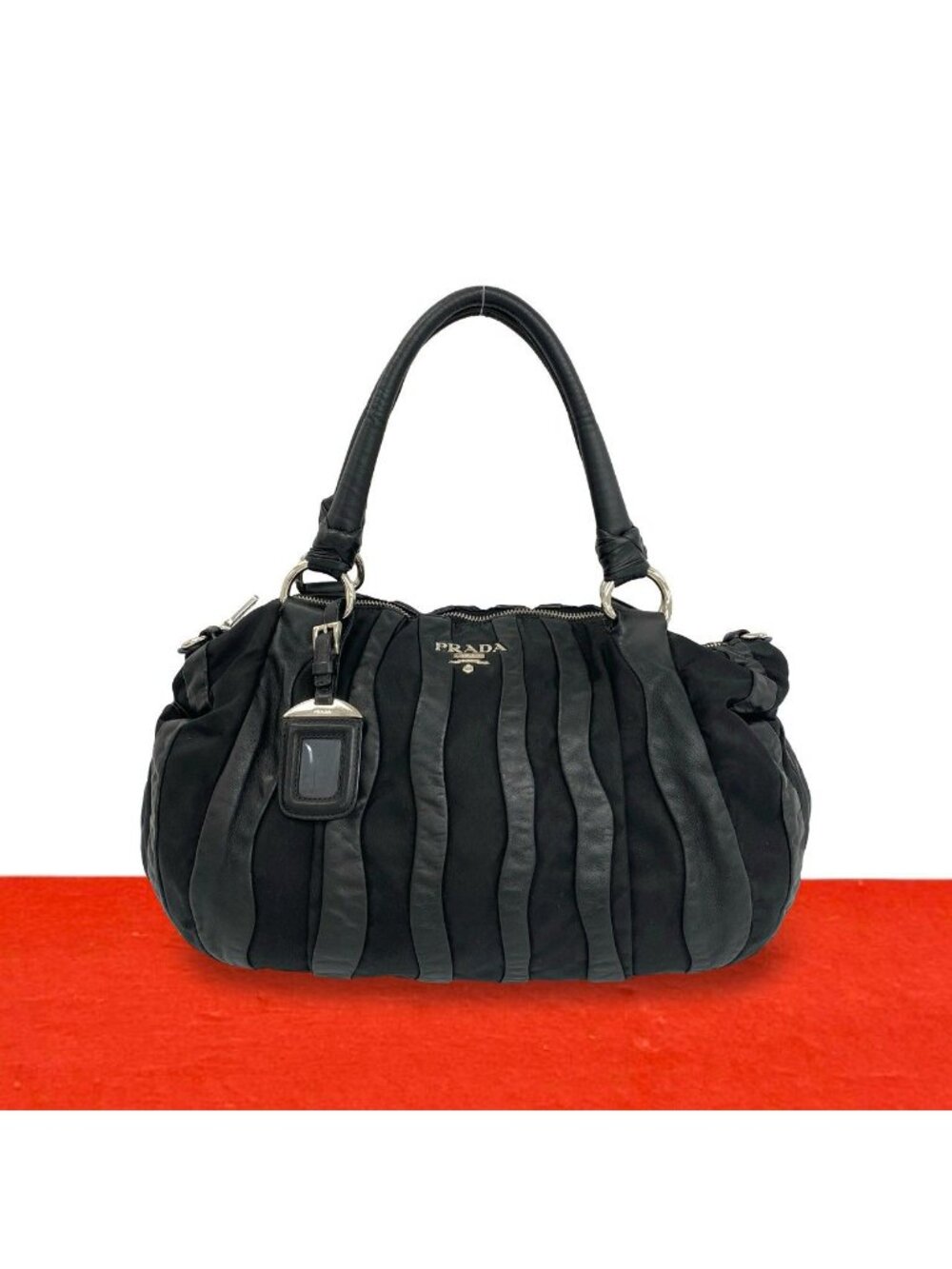 Prada Logo Stripe Leather Tessuto Pocono Nylon Tote Shoulder Bag Black